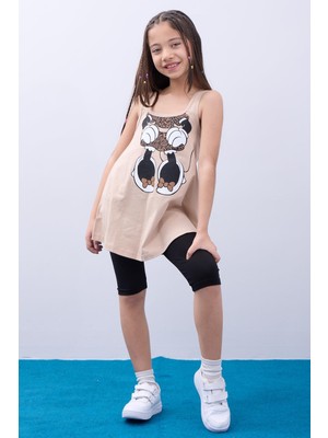 Perendi Kız Çocuk Leopar Desenli Minnie Mouse Baskılı Askılı Tunik ve Tayt Takımı