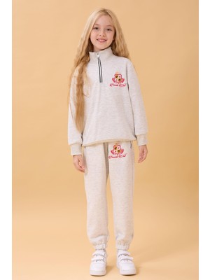 Perendi Kız Çocuk Yüksek Yaka Fermuarlı Nakış Detaylı Mevsimlik Eşofman Takımı