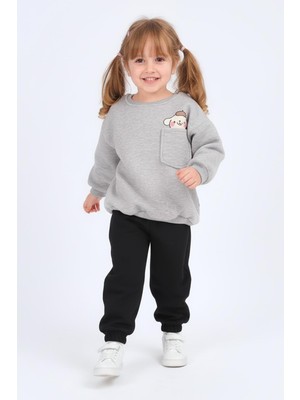 Perendi Kız Çocuk Bisiklet Yaka Baskı Detaylı Sweatshirt ve Içi Polarlı Jogger Alt Takım