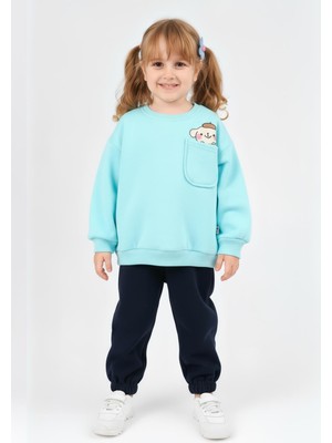 Perendi Kız Çocuk Bisiklet Yaka Baskı Detaylı Sweatshirt ve Içi Polarlı Jogger Alt Takım