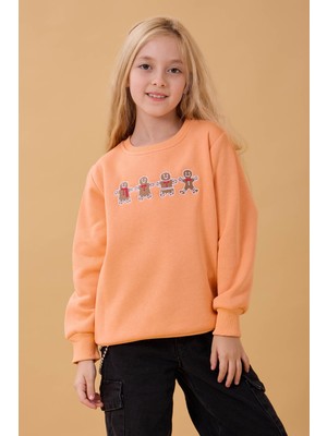 Perendi Kız Çocuk Bisiklet Yaka Kurabiye Nakışlı Sweatshirt
