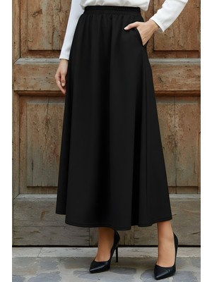 İmaj Butik Siyah Bel Lastikli Cepli Kloş Etek