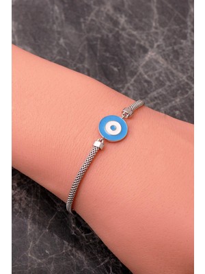 Sümer Telkari Mineli Nazar Boncuklu Rodyumlu 925 Ayar Gümüş Ezme Bileklik 4941