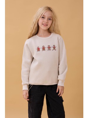 Perendi Kız Çocuk Bisiklet Yaka Kurabiye Nakışlı Sweatshirt