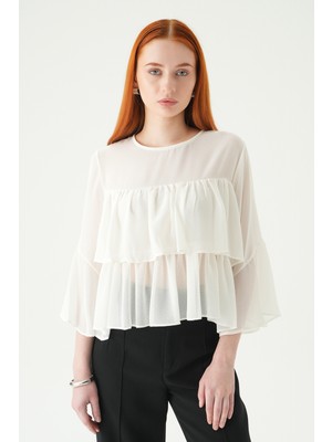 Rays Ekru Bisiklet Yaka Kat Kat Bluz 251181