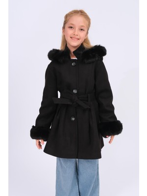 Perendi Kız Çocuk Kürk Detaylı Kapüşonlu Kuşaklı Kaşe Kaban