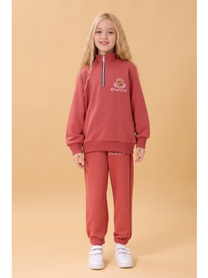 Perendi Kız Çocuk Yüksek Yaka Fermuarlı Nakış Detaylı Mevsimlik Eşofman Takımı