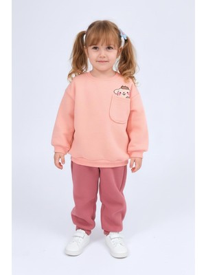 Perendi Kız Çocuk Bisiklet Yaka Baskı Detaylı Sweatshirt ve Içi Polarlı Jogger Alt Takım