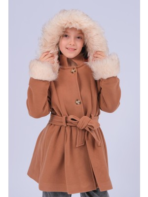 Perendi Kız Çocuk Kürk Detaylı Kapüşonlu Kuşaklı Kaşe Kaban