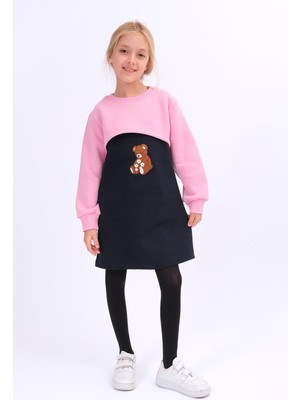 Perendi Kız Çocuk Ayıcık Nakışlı Elbise ve Crop Sweatshirt