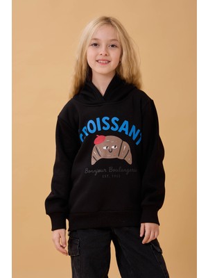 Perendi Kız Çocuk Kapüşonlu Kruvasan Baskılı Içi Polarlı Sweatshirt