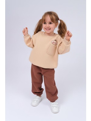 Perendi Kız Çocuk Bisiklet Yaka Baskı Detaylı Sweatshirt ve Içi Polarlı Jogger Alt Takım