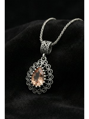 Erdobia 925 Ayar Gümüş Zultanit Taşlı Elişi Geleneksel Damla Telkari Kolye