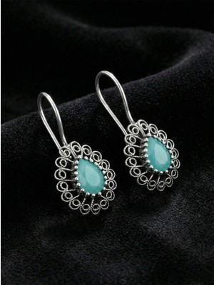 Erdobia 925 Ayar Gümüş Aventurin Taşlı Elişi Geleneksel Damla Telkari Küpe