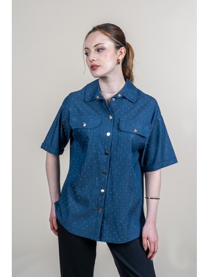 MissVina Çıtçıt Düğmeli Taş Baskı Detaylı Kısa Kollu Denim Likralı Gömlek 70025