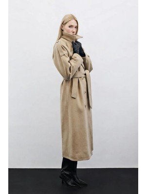 Sateen Kuşaklı Uzun Kaban - Bej