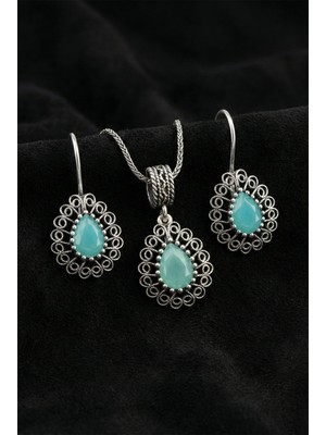 Erdobia 925 Ayar Gümüş Aventurin Taşlı Elişi Geleneksel Damla Telkari Kolye-Küpe 2'li Set