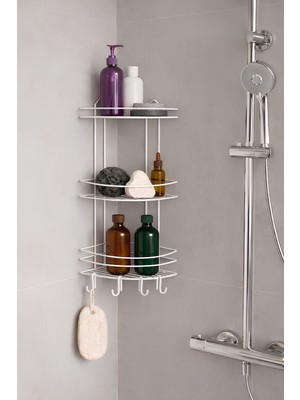 Sas Haus Banyo Köşe Rafı Askılı Duş Organizeri ve Şampuanlık 3 Katlı Beyaz Ek-03