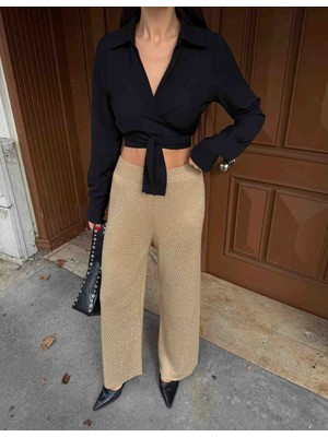 Mery Mery Boutique Taşlı Parlak Triko Bol Pantolon Gold