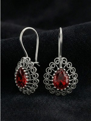 Erdobia 925 Ayar Gümüş Lal Taşlı Elişi Geleneksel Damla Telkari Küpe