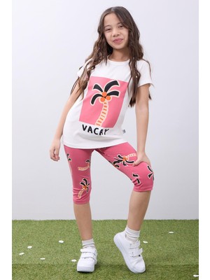 Perendi Kız Çocuk Palmiyeli Baskılı Yazlık Taytlı Takım