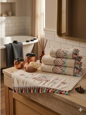 Z&N Style (3'lü set) Çeyizlik 50X90 Cm. Kanaviçe Çiçek Desenli Püsküllü Kadife Lüks Havlu Seti