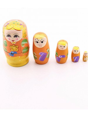 MiraLive Ahşap Tombul Iç Içe Matruşka Bebek Turuncu Set 5li Büyük Boy