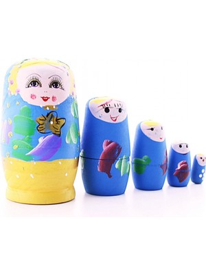 MiraLive Ahşap Tombul Iç Içe Matruşka Bebek Mavi Set 5li Büyük Boy