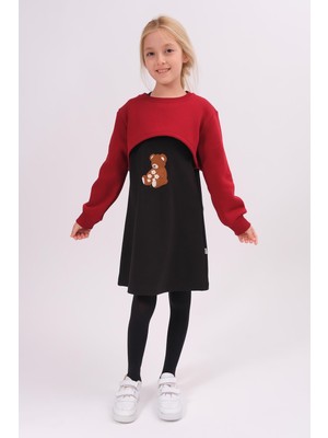 Perendi Kız Çocuk Ayıcık Nakışlı Elbise ve Crop Sweatshirt