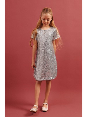 Perendi Kız Çocuk Pul Payetli Elbise – Broş Hediyeli Özel Gün Bayramlık Elbise