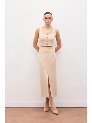 Sateen Yırtmaçlı Midi  Etek - Bej