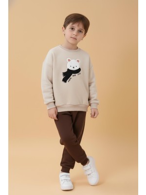 Perendi Erkek Çocuk Ayıcık Aplikeli Sweat ve Eşofman Altı Içi Polarlı Kışlık Takım