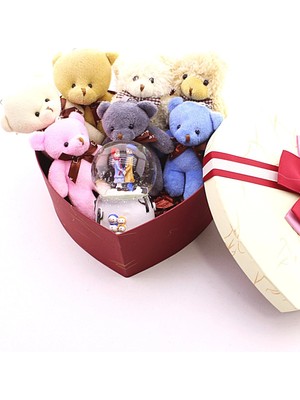 MiraLive 7 Mini Ayıcık Hediye Kutusu Sevgiliye Özel Kalp Kutu Içinde Kış Masalı  Kar Küresi