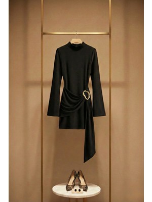 Pastelastore Toka Detaylı Kuşaklı Dik Yaka Mini Kadın Elbise