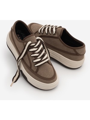 Marjin Kadın Sneaker Yüksek Taban Bağcıklı Bez Spor Ayakkabı Kotnel Vizon Süet