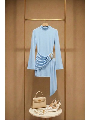 Pastelastore Toka Detaylı Kuşaklı Dik Yaka Mini Kadın Elbise