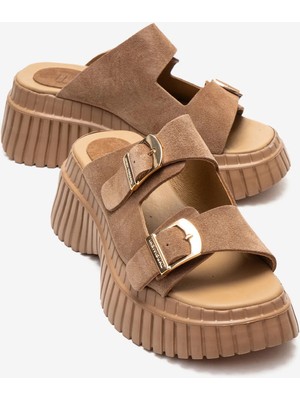 Luvi Joanes Toprak Süet Hakiki Deri Çift Bantlı Kadın Dolgu Taban Terlik