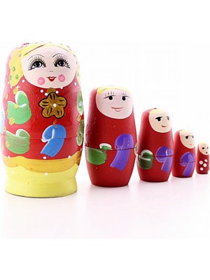 MiraLive Ahşap Tombul Iç Içe Matruşka Bebek Kırmızı Set 5li Büyük Boy