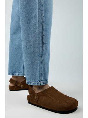 Manijero Yalena Kadın Hakiki Deri Düz Arkadan Bantlı Sabo Taba Sandalet