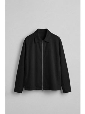 Abluka Online Erkek Oversize Keten Dokulu Astarlı Fermuarlı Gömlek Siyah