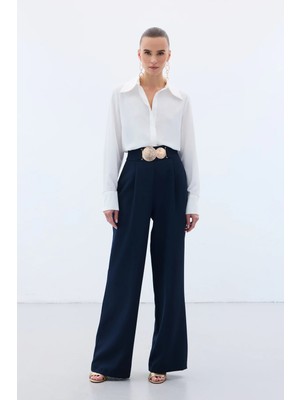 Sateen Aksesuarlı Pantolon - Lacivert