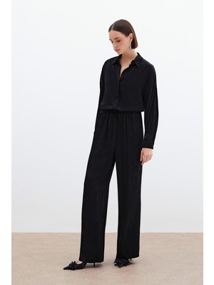 Sateen Jakarlı Saten Pantolon - Siyah