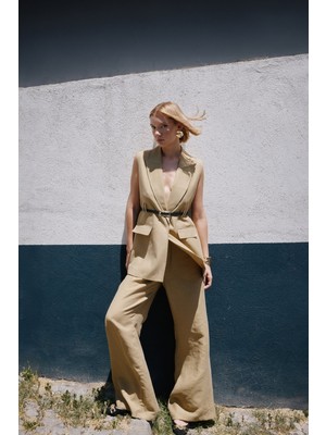 Sateen Salaş Keten Pantolon - Haki