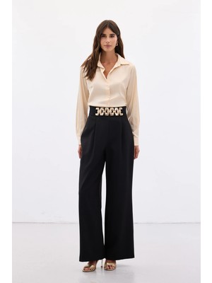 Sateen Kemerli Salaş Pantolon - Siyah