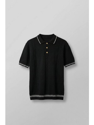 Abluka Online Erkek Regular Fit Saç Örgü Detaylı Triko Polo Yaka T Shirt Siyah