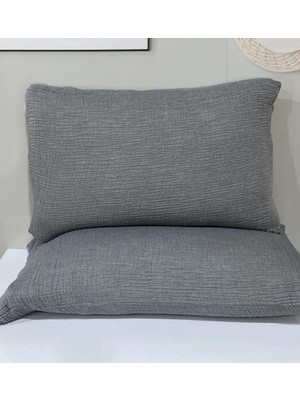HB&Victory Müslin 4 Katlı Antrasit Renk 50X70 cm %100 Pamuklu 2 Adet Yastık Kılıfı