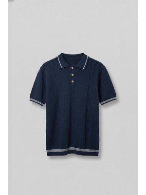 Abluka Online Erkek Regular Fit Saç Örgü Detaylı Triko Polo Yaka T Shirt Lacivert