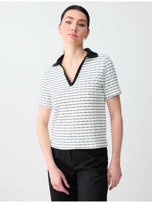 Jimmy Key Kırık Beyaz Çizgi Desenli Polo Yaka Örme Bluz