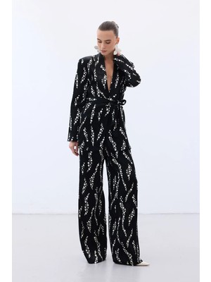 Sateen Desenli Bol Paça Pantolon - Siyah