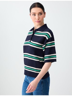 Jimmy Key Lacivert Polo Yaka Kısa Kollu Çizgili Triko Bluz